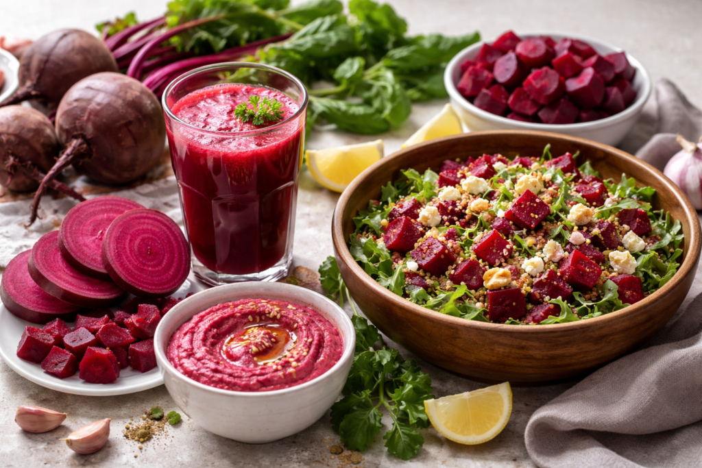 Beetroot salad bowl with sliced beetroot, leafy greens, and light dressing
