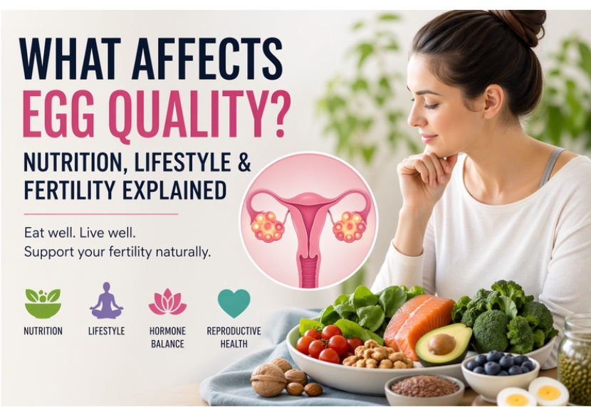 A woman sitting beside a bowl of healthy foods including salmon, avocado, leafy greens, broccoli, berries, and nuts next to an illustration of the female reproductive system, with text explaining factors that affect egg quality, fertility, nutrition, and lifestyle.