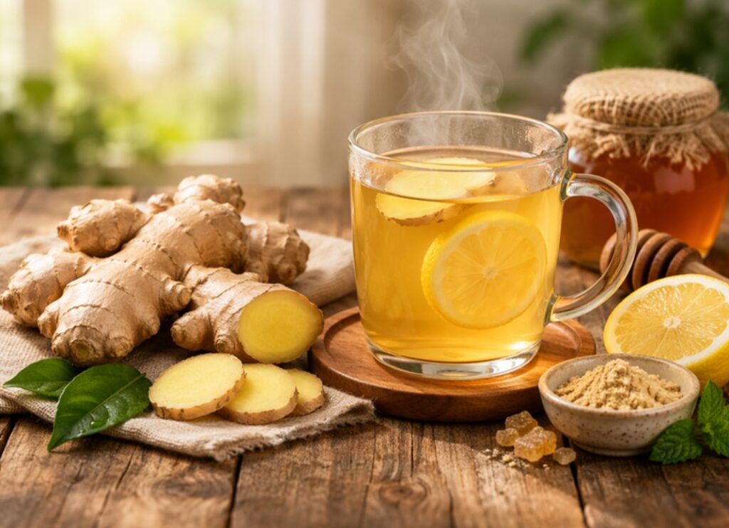 Ginger tea, a warm and spicy beverage made with fresh ginger root, perfect for soothing the senses and boosting immunity