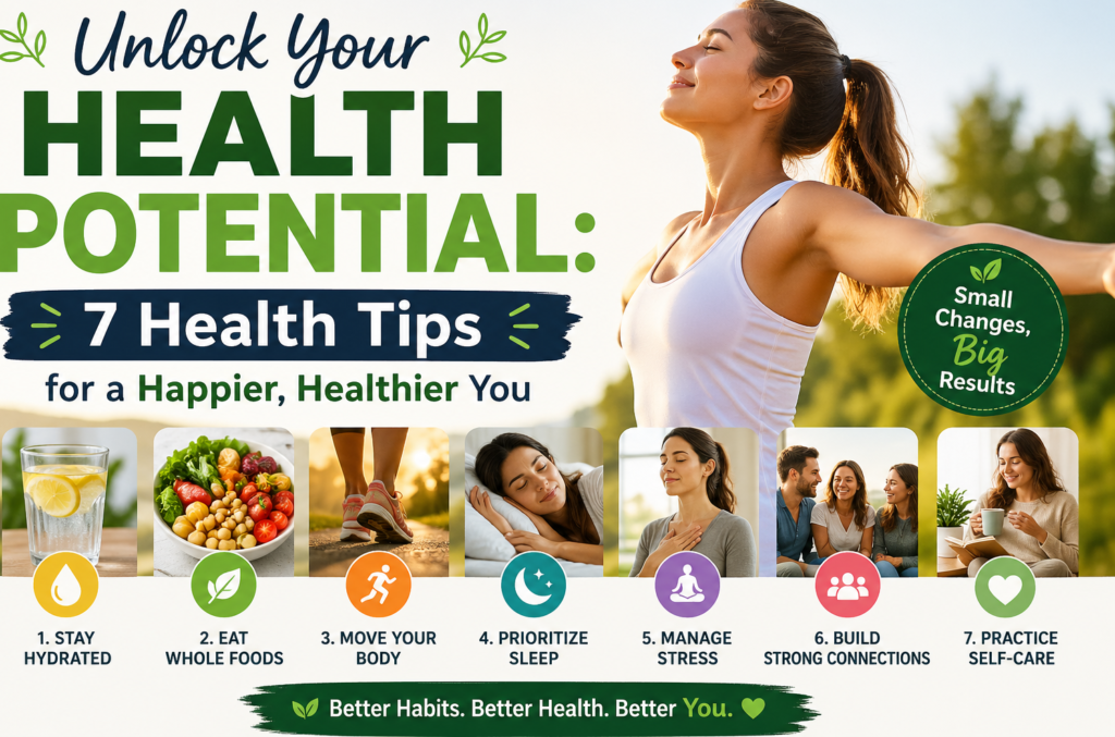 Healthy lifestyle infographic showing 7 essential health tips for better wellness, including hydration, healthy eating, exercise, sleep, stress management, social connection, and self-care for a happier, healthier life.