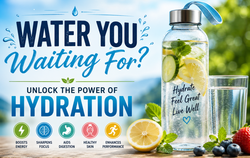 Refreshing hydration-themed image featuring infused water, fresh fruits, and bold text promoting the benefits of healthy hydration.