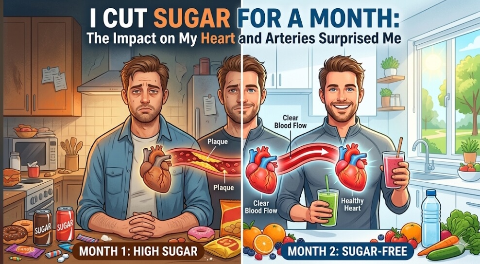 A split-screen visual comparison showing the physical impact of a poor diet versus a vascular-supporting diet on a man's heart and artery health.