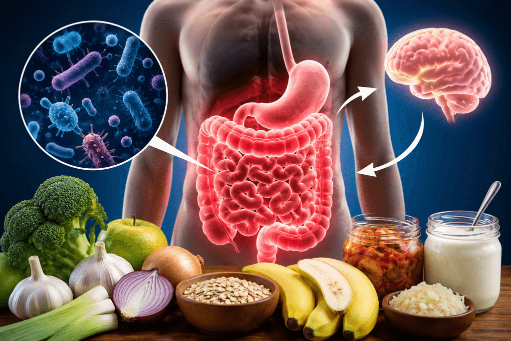 A collection of whole, nutrient-dense foods including fresh bananas, garlic, oats, dark chocolate, and fermented yogurt displayed on a rustic wood background.