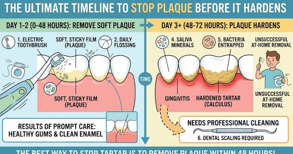 An illustrative timeline graphic showing the 48-hour window of plaque development, from a soft biofilm to hardened, mineralized tartar.