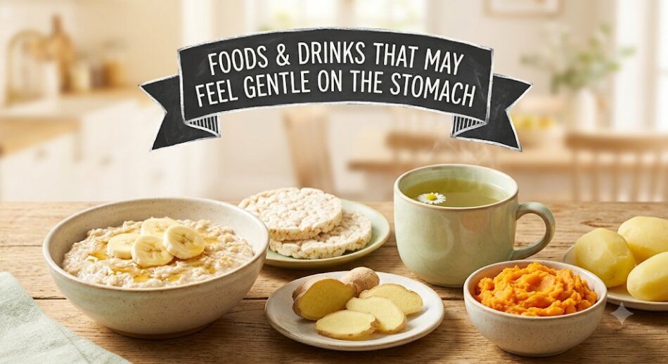 A photograph of a variety of soothing, stomach-friendly foods arranged on a rustic wooden kitchen table, designed as a helpful feature graphic. A large chalk-style banner hangs at the top of the frame with the white hand-drawn text: 'FOODS & DRINKS THAT MAY FEEL GENTLE ON THE STOMACH.' The table features distinct bowls and plates containing creamy oatmeal with banana slices, plain rice cakes, a mug of chamomile tea with a small flower, a bowl of mashed sweet potato, sliced raw ginger root, and several boiled potatoes. The background is a gently blurred, light and airy home kitchen.