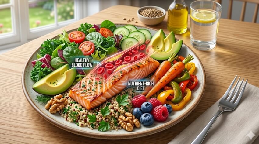 A vibrant, close-up view of a vascular system optimization plate featuring grilled salmon, quinoa, avocado slices, fresh berries, walnuts, and a leafy green salad, accompanied by a graphic showing healthy, clear blood flow.