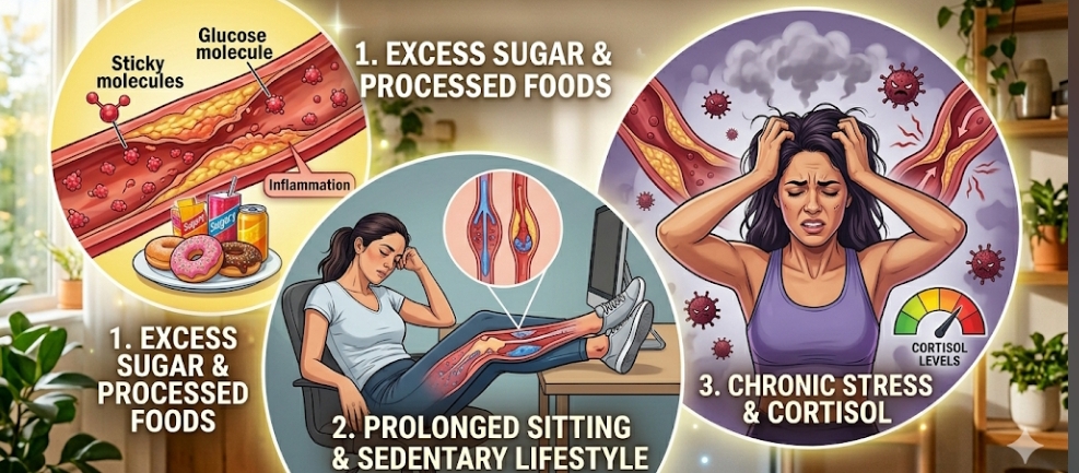 It features three circular illustrations depicting a cross-section of an inflamed artery with sugar molecules, a tired woman sitting at an office desk with an anatomical leg vein graphic, and a stressed woman holding her head next to a 'cortisol levels' meter.