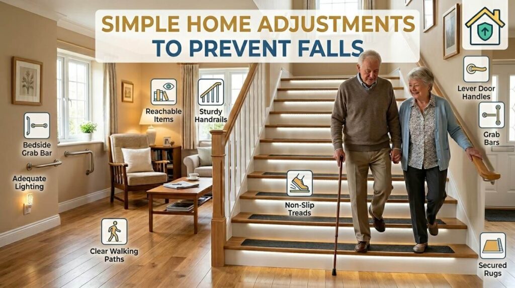 An older couple safely navigates a beautifully lit home. The man uses a cane while walking down a wide wooden staircase featuring built-in LED step lighting, non-slip treads, and sturdy double handrails. The image includes helpful graphic icons pointing out home safety modifications: adequate lighting, clear walking paths, reachable items, bedside grab bars, secure rugs, and a prominent header banner that reads "SIMPLE HOME ADJUSTMENTS TO PREVENT FALLS."