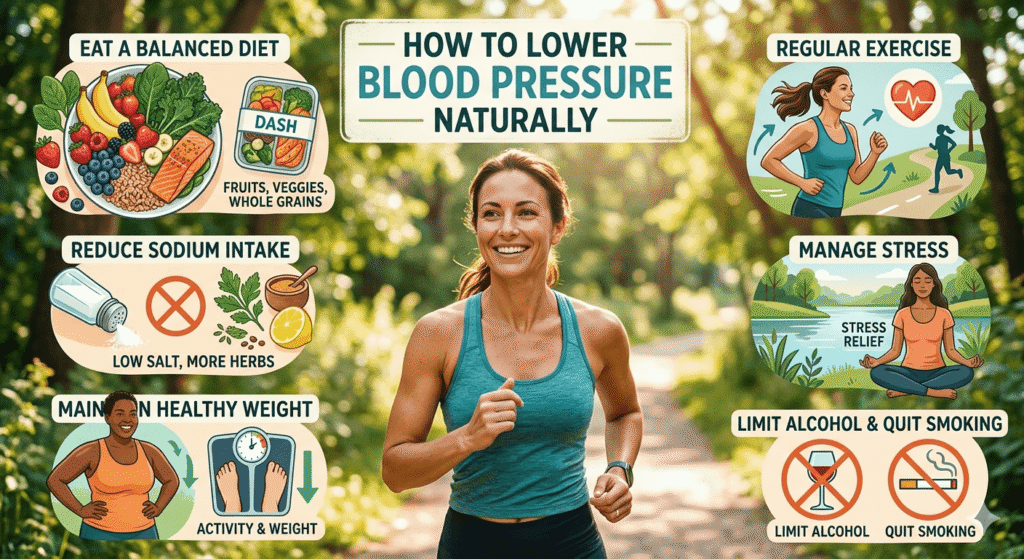 featuring a woman jogging in a sunny park. Surrounding her are five circular lifestyle tip graphics: eating a balanced diet (DASH diet), reducing sodium intake (using herbs instead of salt), maintaining a healthy weight, regular exercise, managing stress (meditation), and limiting alcohol and quitting smoking.