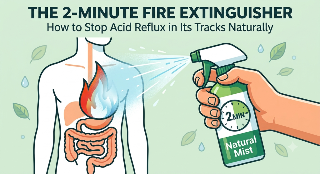 ​An infographic-style illustration contrasting acid reflux discomfort with a natural remedy. On the right, a hand holds a green and white spray bottle with water drop and leaf icons and a '2min' timer, which is actively spraying a cool, natural mist. On the left, this mist is dousing a flame icon located within the outline of a human torso's digestive tract, representing the active relief of heartburn. The top of the image features the bold title: 'THE 2-MINUTE FIRE EXTINGUISHER' with the subtitle 'How to Stop Acid Reflux in Its Tracks Naturally' below it. The setting is a clean, natural kitchen with potted plants.
