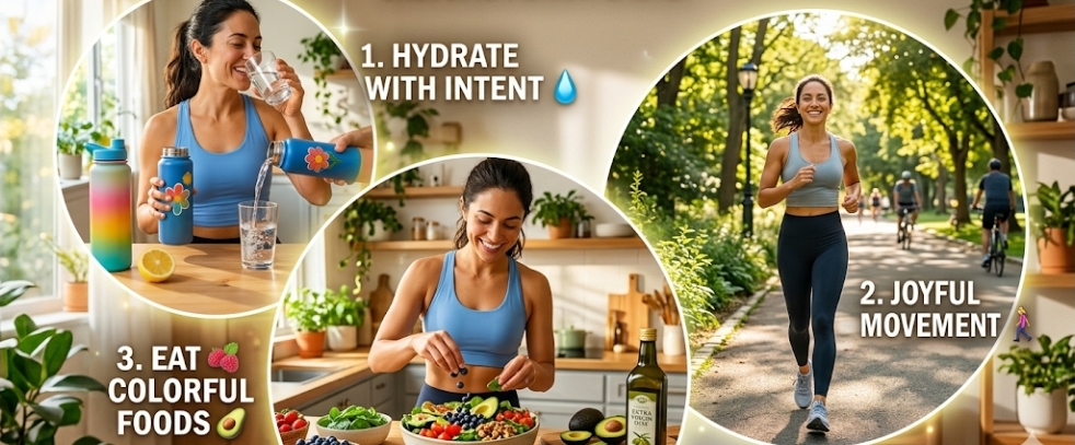 It features three circular photo overlays showing a smiling woman hydrating with a water bottle, preparing a colorful salad with avocados and berries in a kitchen, and jogging happily down a sunny park path.