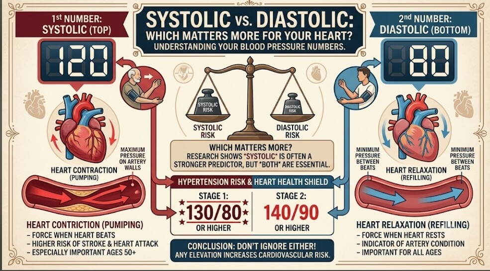 A medical infographic titled "Systolic vs. Diastolic: Which Matters More for Your Heart?" explaining a 120 over 80 reading. On the left, the systolic number is shown with a diagram of a pumping heart and maximum pressure on artery walls, noting its importance for ages 50+. On the right, the diastolic number is shown with a resting heart and minimum pressure diagram. A central balance scale indicates that while systolic is often a stronger predictor, both numbers are essential for heart health.