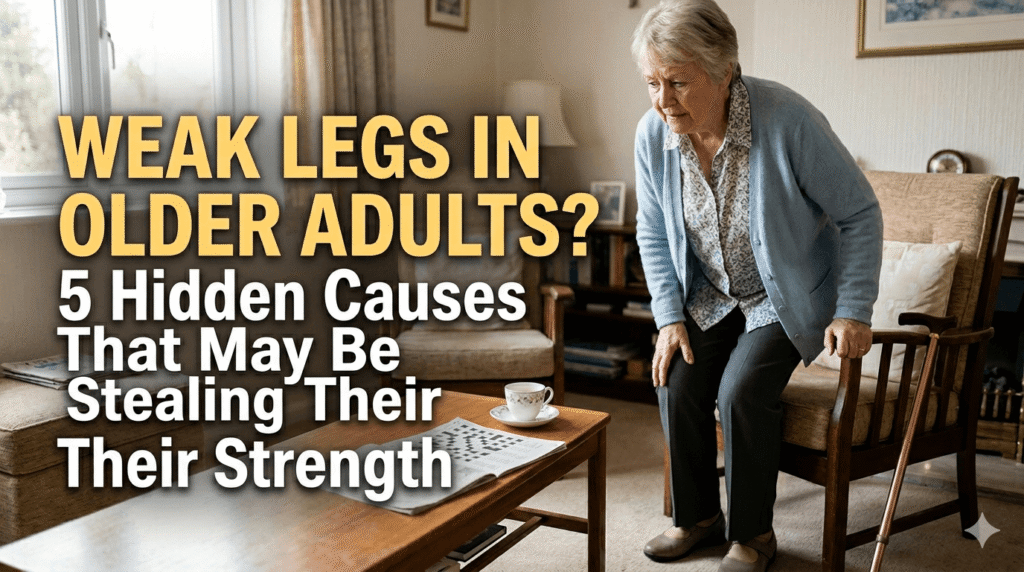 An older woman in a living room looks down with a concerned expression as she struggles to push herself up from an armchair, relying on the armrests for support. In the foreground, a wooden coffee table holds a cup of tea and a crossword puzzle. The left side of the image features a bold text overlay that reads: "WEAK LEGS IN OLDER ADULTS? 5 Hidden Causes That May Be Stealing Their Strength."