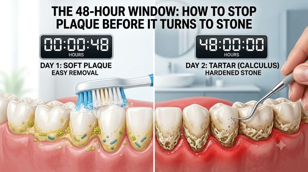 A professional dental scaling tool safely removing calcified tartar from the surface of a tooth, emphasizing expert removal over DIY scraping.