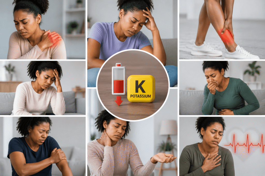 Person experiencing common symptoms of potassium deficiency, including muscle cramps, fatigue, weakness, and tingling.