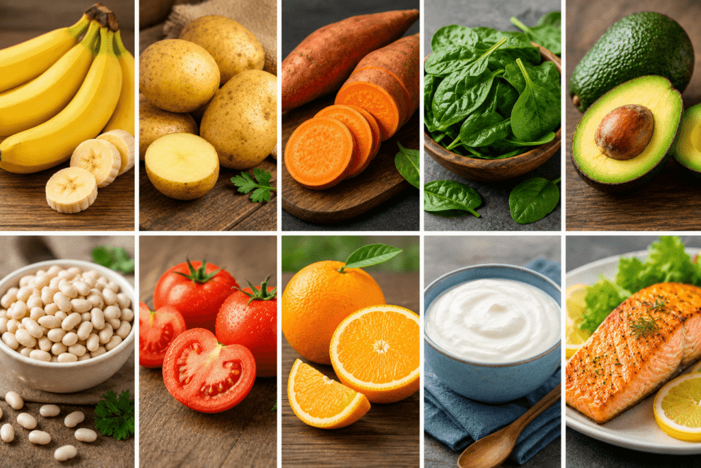 Collage of healthy potassium-rich foods such as bananas, sweet potatoes, spinach, avocados, white beans, tomatoes, oranges, yogurt, and salmon.