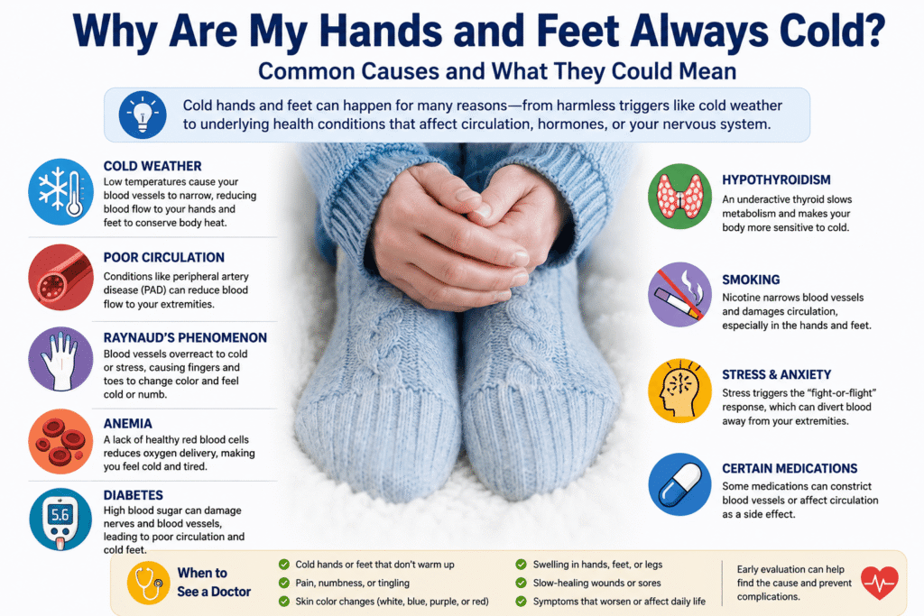 Person warming cold hands and feet, illustrating common causes of cold extremities and poor circulation.