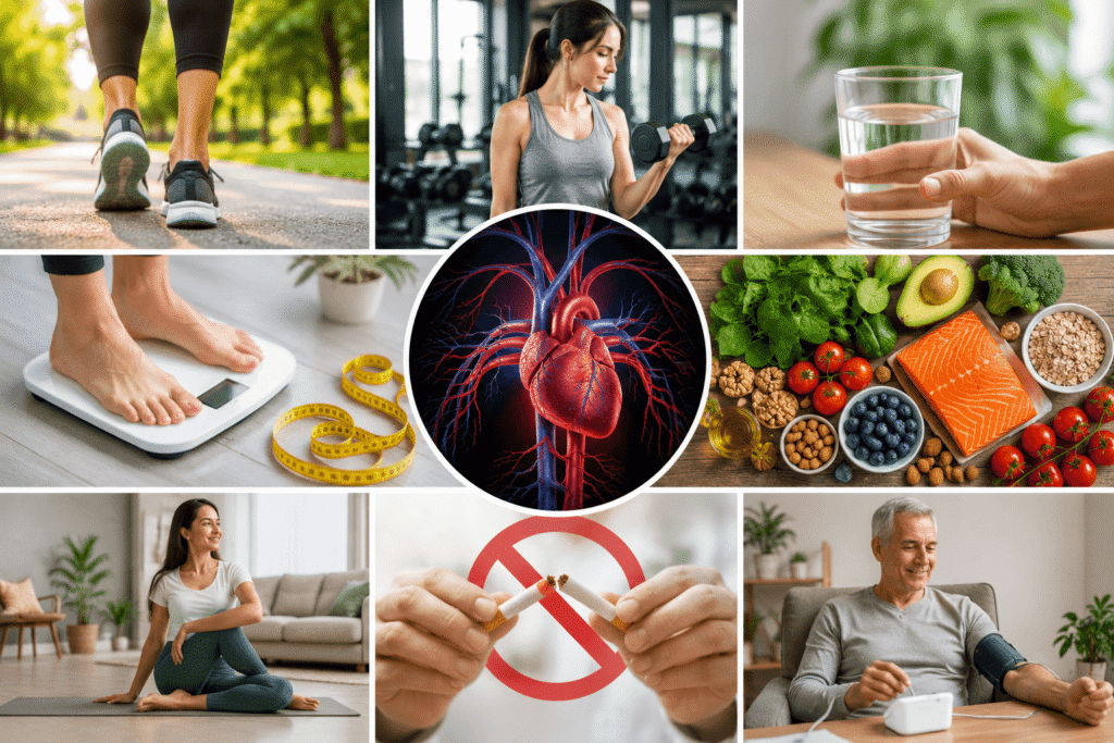 Person practicing healthy habits that support better blood circulation, including exercise, nutritious eating, hydration, and maintaining a healthy lifestyle