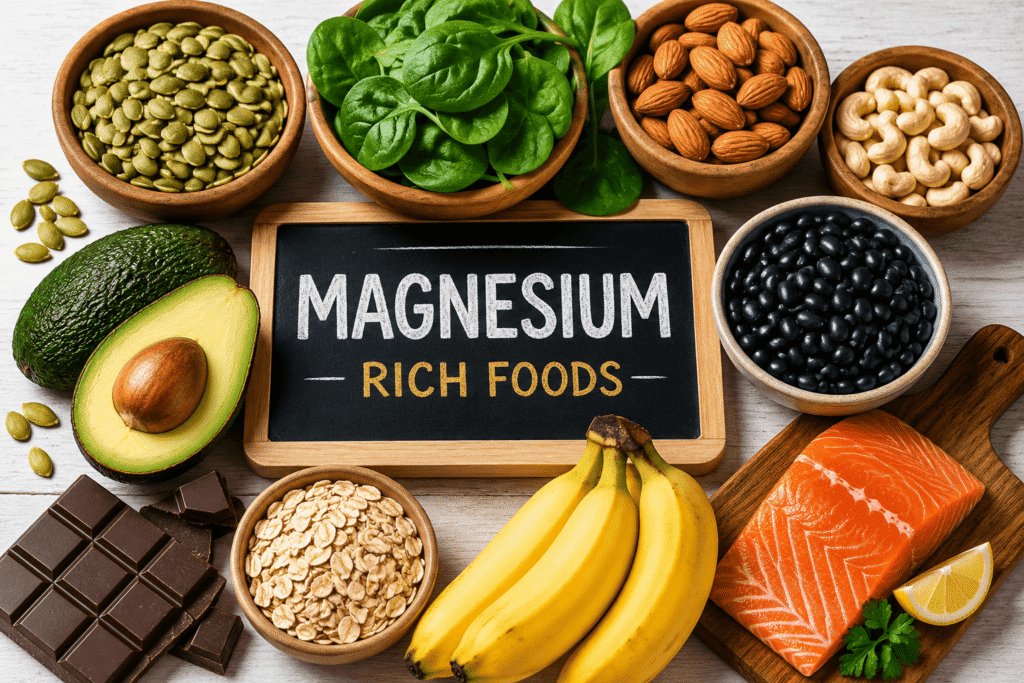 Healthy foods rich in magnesium, including spinach, nuts, seeds, avocado, bananas, and salmon.