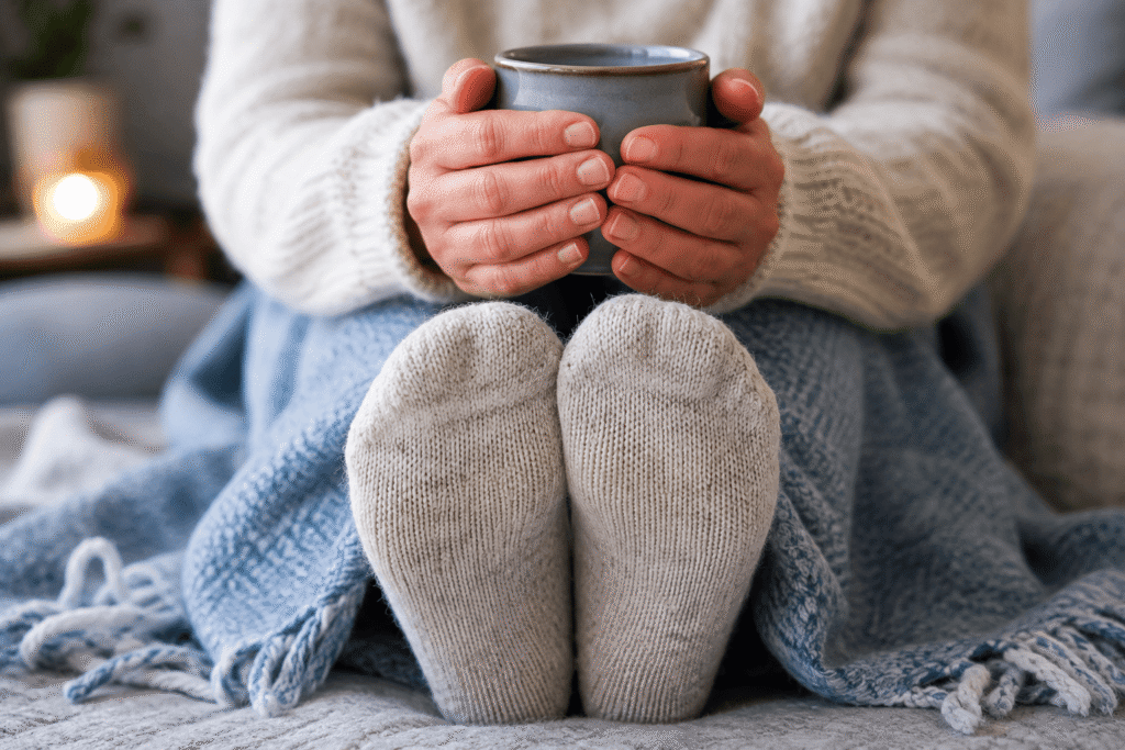 Person with cold hands and feet holding a warm mug indoors.